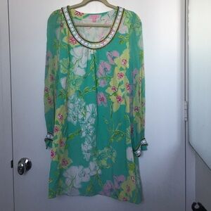 Lilly Pulitzer Women's 100% Silk Floral Beaded Neck Tunic Dress - Green